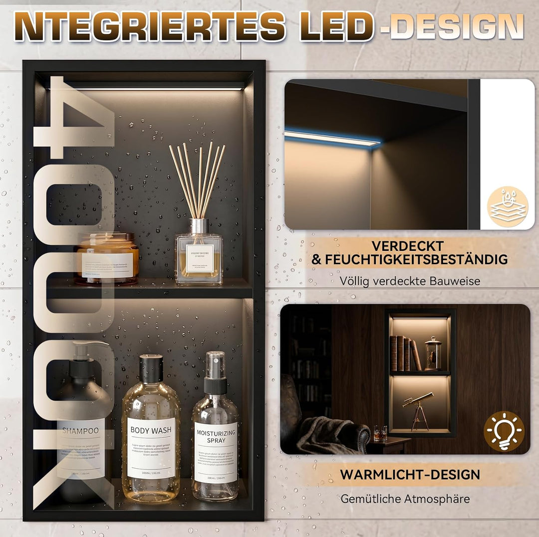 60 x 30 cm Wandnische Dusche, 304 Edelstahl Eingebettete Duschnische mit LED-Beleuchtung &amp; Transform