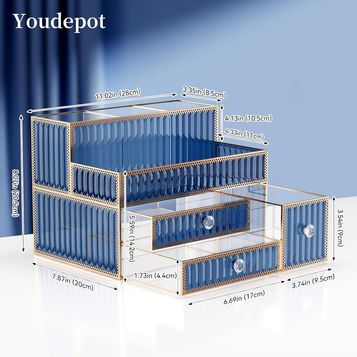 Youdepot Kosmetik Organizer Blau aus gehärtetem Glas, Make-up Organizer für Schminktisch, Skincare,