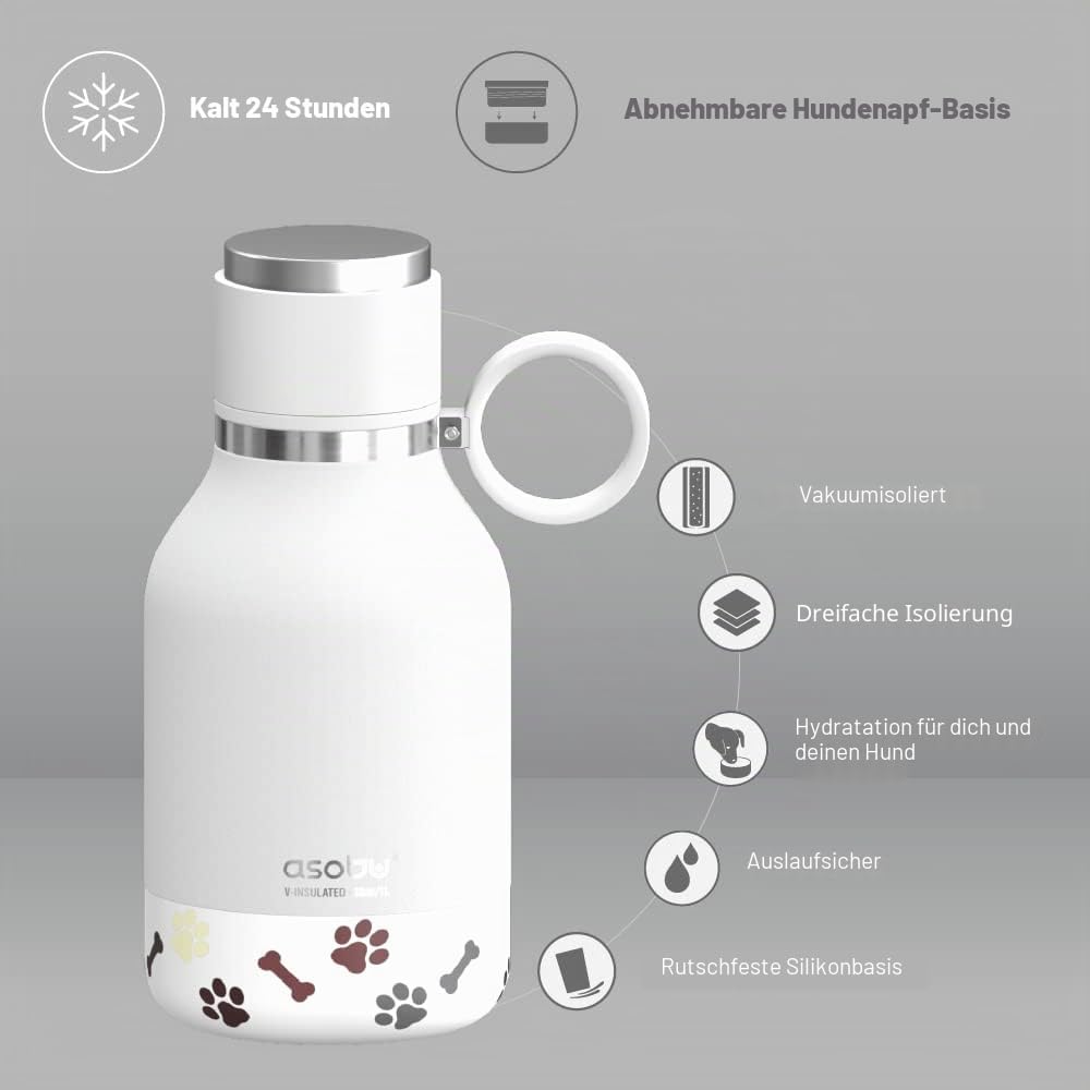 Asobu - Dog Bowl - Edelstahlflasche mit Hundenapf 1 Liter Weiss White 34 oz, White 34 oz