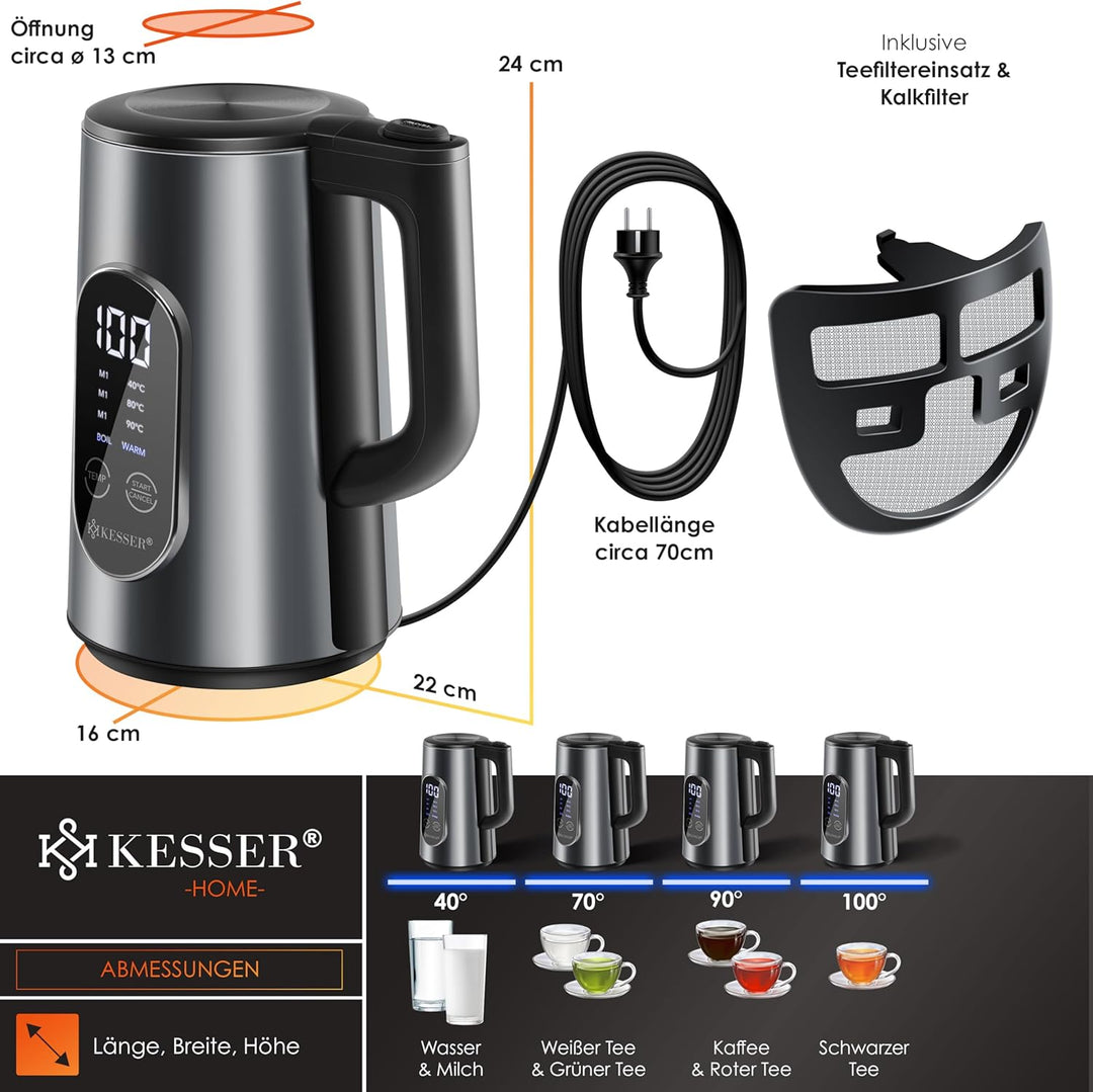 KESSER® Wasserkocher Edelstahl 1.5 Liter | LED-Anzeige | 4-Modi Temperatureinstellung 40°C-100°C | 3