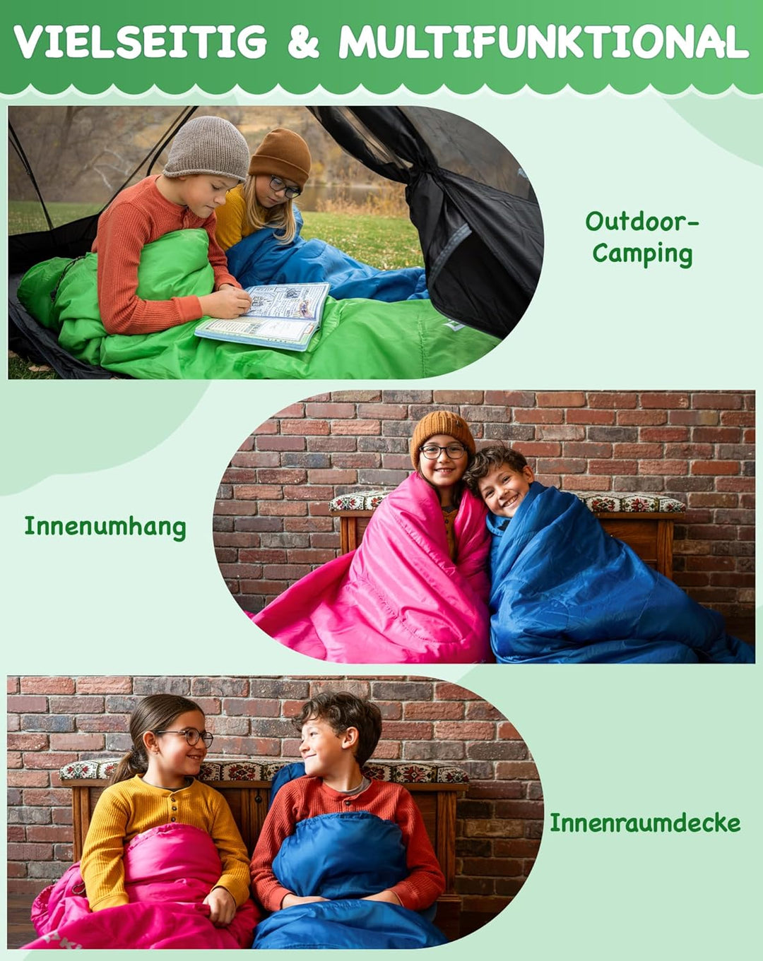 KingCamp Schlafsack Kinder aus Baumwoll-Flannel, warm und Bequeme Kinderschlafsack für 6-10 Jahre (b