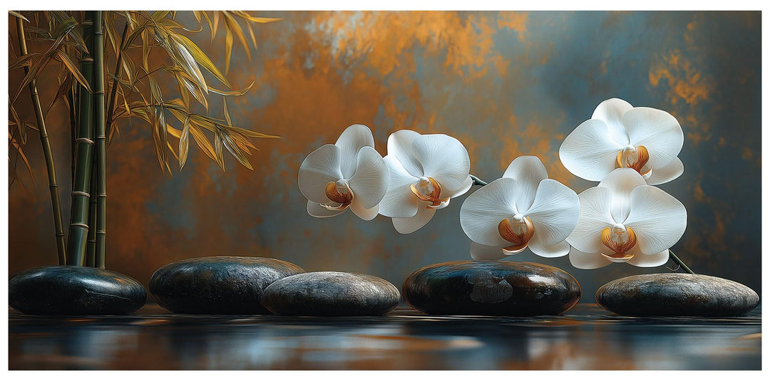 XXL Leinwand 115x55cm Wandbild Weisse Orchidee Bambus Bild Kunstdruck Spa Deko Wanddeko Leinwandbild