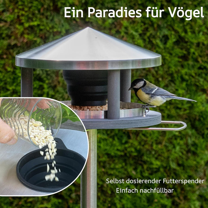 Vogelhaus mit Ständer wetterfest aus Edelstahl - Stabiles Vogelfutterhaus für draussen, modern aus M