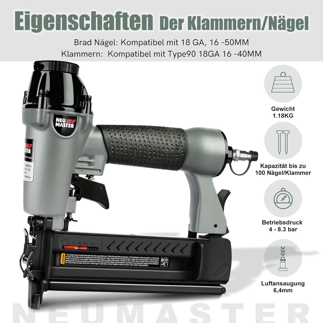 NEU MASTER Druckluftnagler, 2 in1 Drucklufttacker mit Transportkoffer inkl. 800 Nägel und 200 Klamme