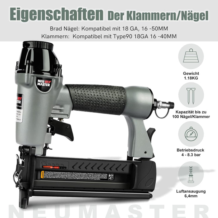 NEU MASTER Druckluftnagler, 2 in1 Drucklufttacker mit Transportkoffer inkl. 800 Nägel und 200 Klamme