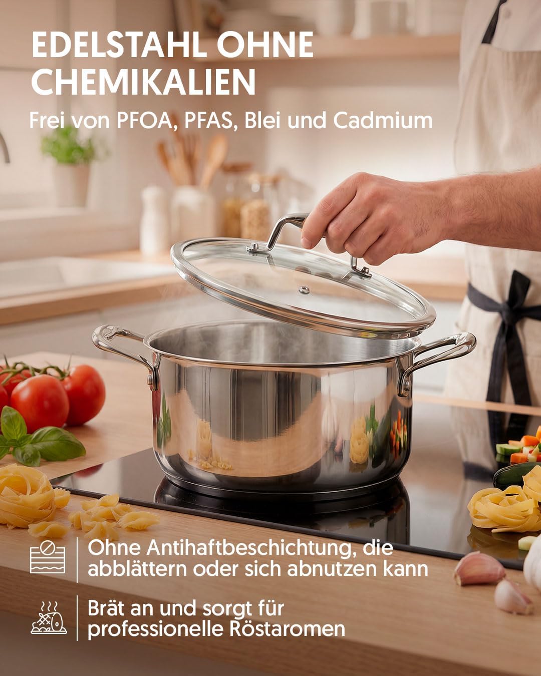 La Moustache - Topf- und Pfannenset 8-teilig, aus Edelstahl ohne Beschichtung, 3 Kochtöpfe mit Glasd