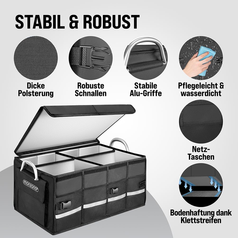 Monzana® Kofferraum Organizer Deckel 68L Isolierung Alu-Griffe Trennwände Wasserdicht Faltbar MDF Wä