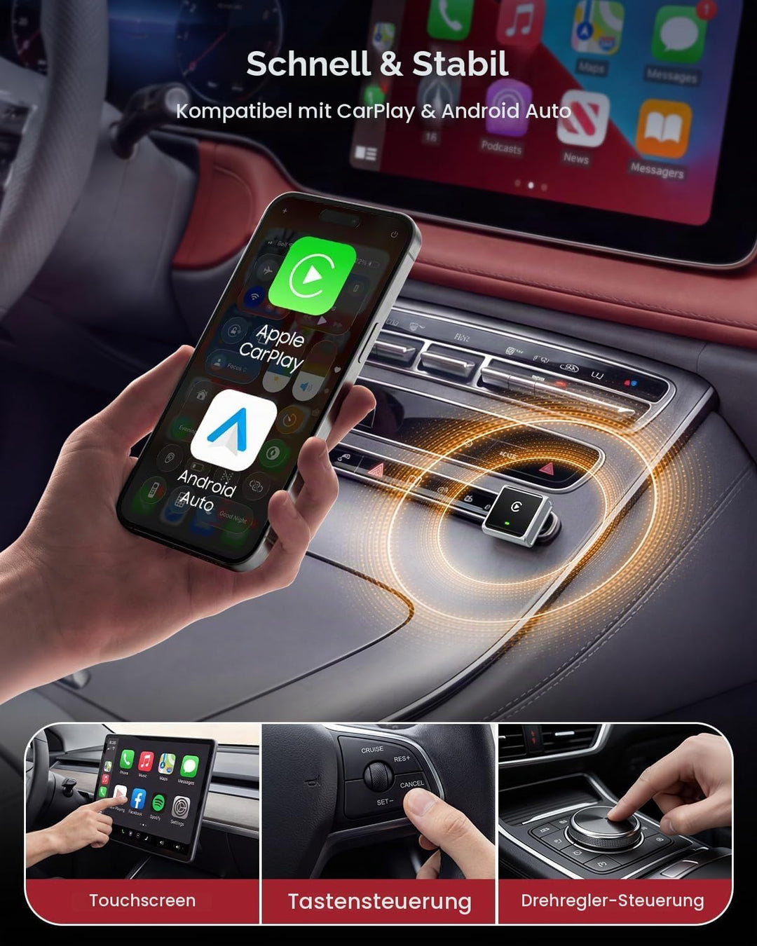 CarPlay Wireless Adapter 2026, verbessertes Aluminiumgehäuse für Apple CarPlay &amp; Android Auto, wande