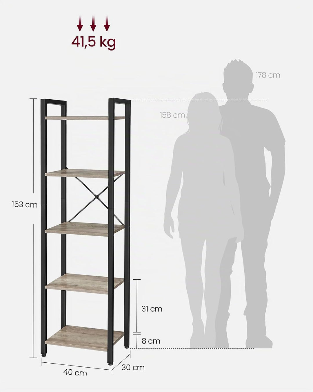 VASAGLE Regal, Bücherregal, Standregal, Aufbewahrungsregal mit 5 Ebenen, Industrie-Design, für Wohnz