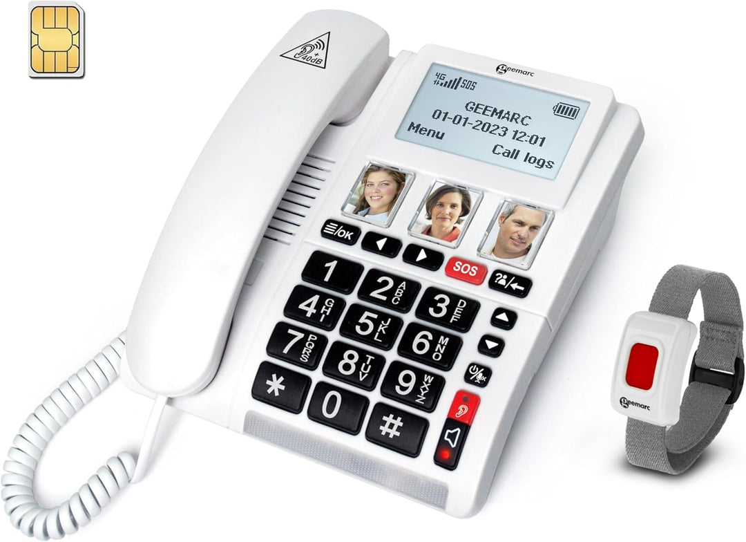 Geemarc CL9000 - Hausnotruf-Telefon und wasserdichtes SOS-Armband mit grossen Tasten, verstärkter La