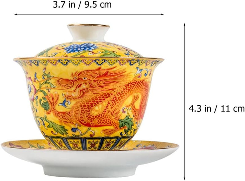 Emaille-Teetasse mit Deckel und Untertasse, Motiv: gelber Drache, traditionelles chinesisches Gaiwan