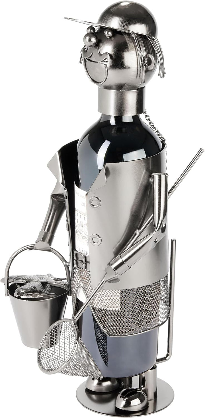 BRUBAKER Weinflaschenhalter Angler mit Kescher - Metall Flaschenhalter Angeln - 35 cm Wein Geschenk