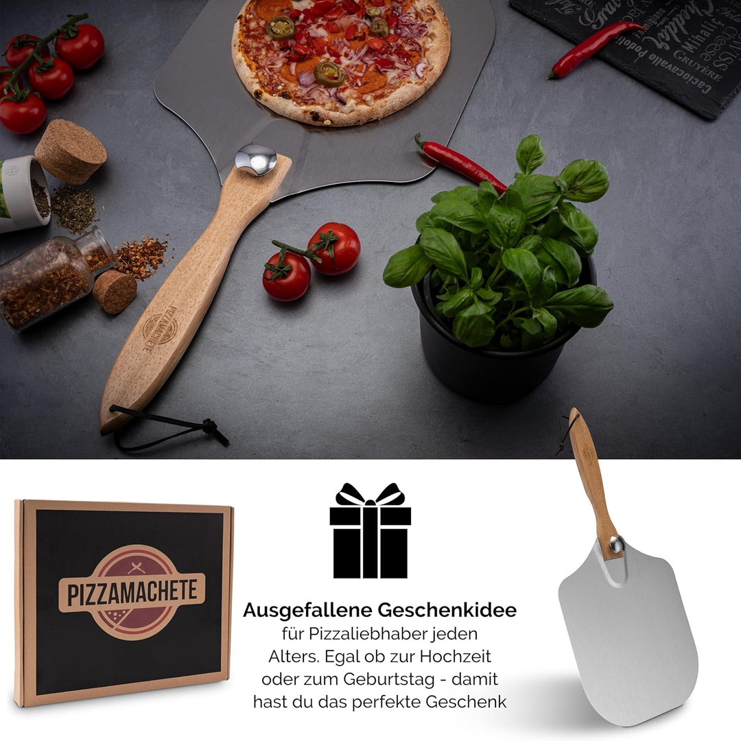 Pizza-Schieber Edelstahl, Pizzaheber rechteckig 35,5 x 30,5 cm, Pizzaschaufel Holz-Schaft, Pizzawend