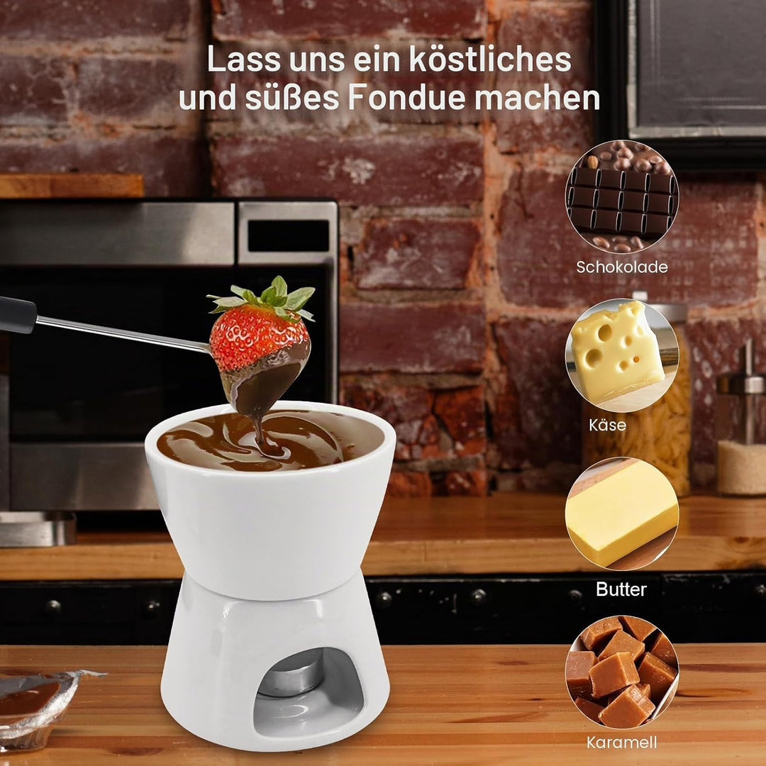 MoYouno Keramik-Schokoladen-Fondue-Topf-Set, Käsefondue-Sets, mit 4 Gabeln und 4 Schalen, Keramik-Bu
