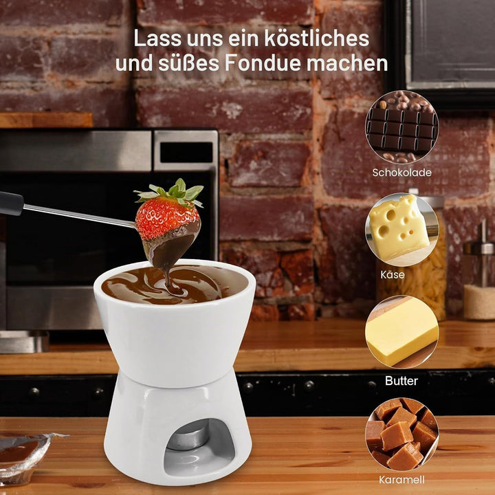 MoYouno Keramik-Schokoladen-Fondue-Topf-Set, Käsefondue-Sets, mit 4 Gabeln und 4 Schalen, Keramik-Bu