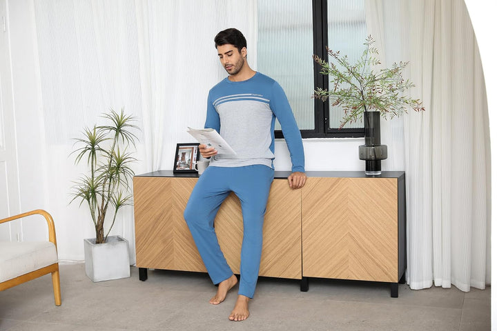 Schlafanzug Herren Lang Pyjama Winter Baumwolle Nachtwäsche Set Männer mit Knöpfen XXL Blau_1, XXL B