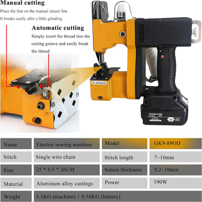 MXBAOHENG Nähmaschine für Säcke 220V Sacknähmaschine mit 1 AKKU Tragbare Beutelverschliessmaschine T