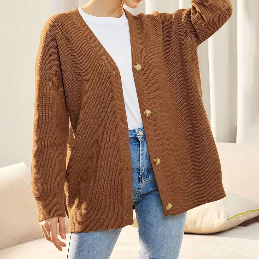 Damen Strickjacke Strick Outwear V-Ausschnitt Vorne Offen Leicht Lockere Pullover mit Knöpfen L Brau