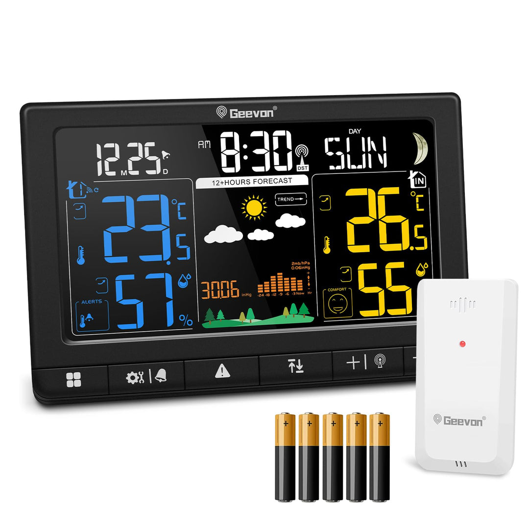 Geevon Wetterstation Funk mit Aussensensor, DCF-Funkuhr, Grosses LCD 350° Ablesewinkel für Innen und