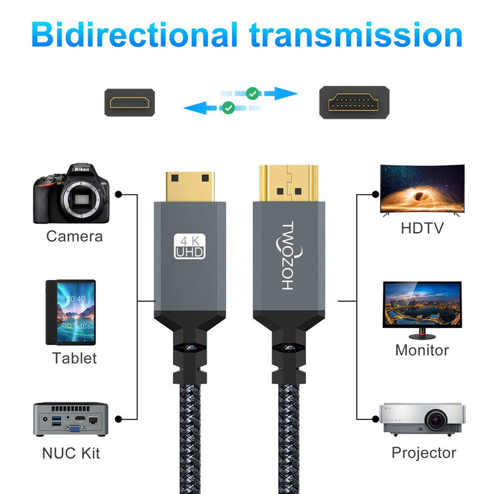Twozoh Mini HDMI auf HDMI Kabel 2M 2 Stück, Nylon Geflochten HDMI auf Mini HDMI Unterstützt 3D/4K@60