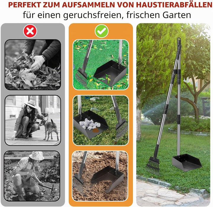 Hundekotschaufel Set mit 96cm langem Griff – Abnehmbares Metalltablett, Rechen für grosse, mittelgro