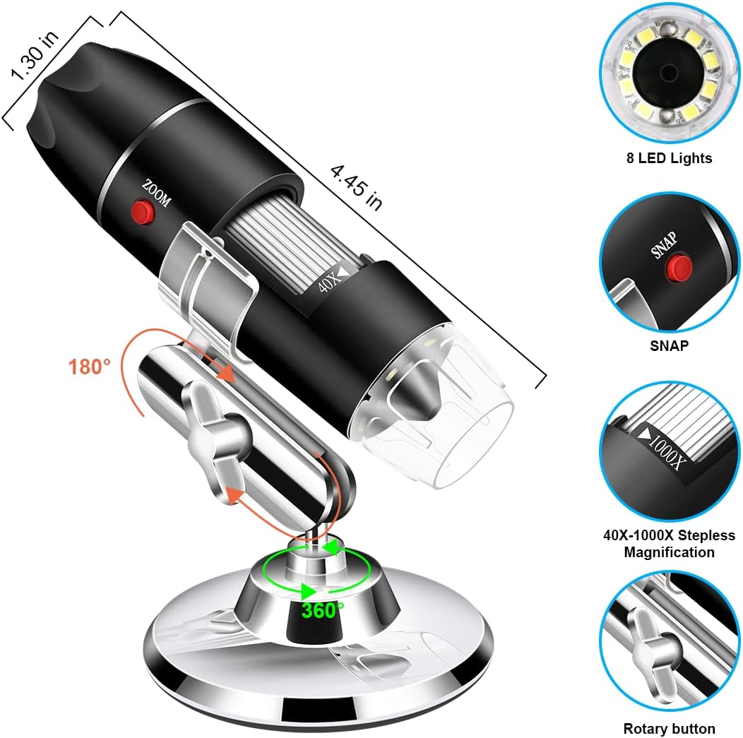 USB-Mikroskop-Kamera, 40x bis 1000x, Digitales Mikroskop mit Metallständer und Tragetasche, Kompatib