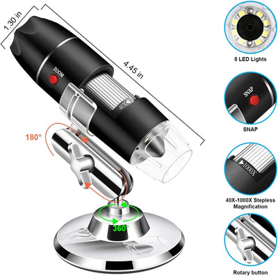 USB-Mikroskop-Kamera, 40x bis 1000x, Digitales Mikroskop mit Metallständer und Tragetasche, Kompatib