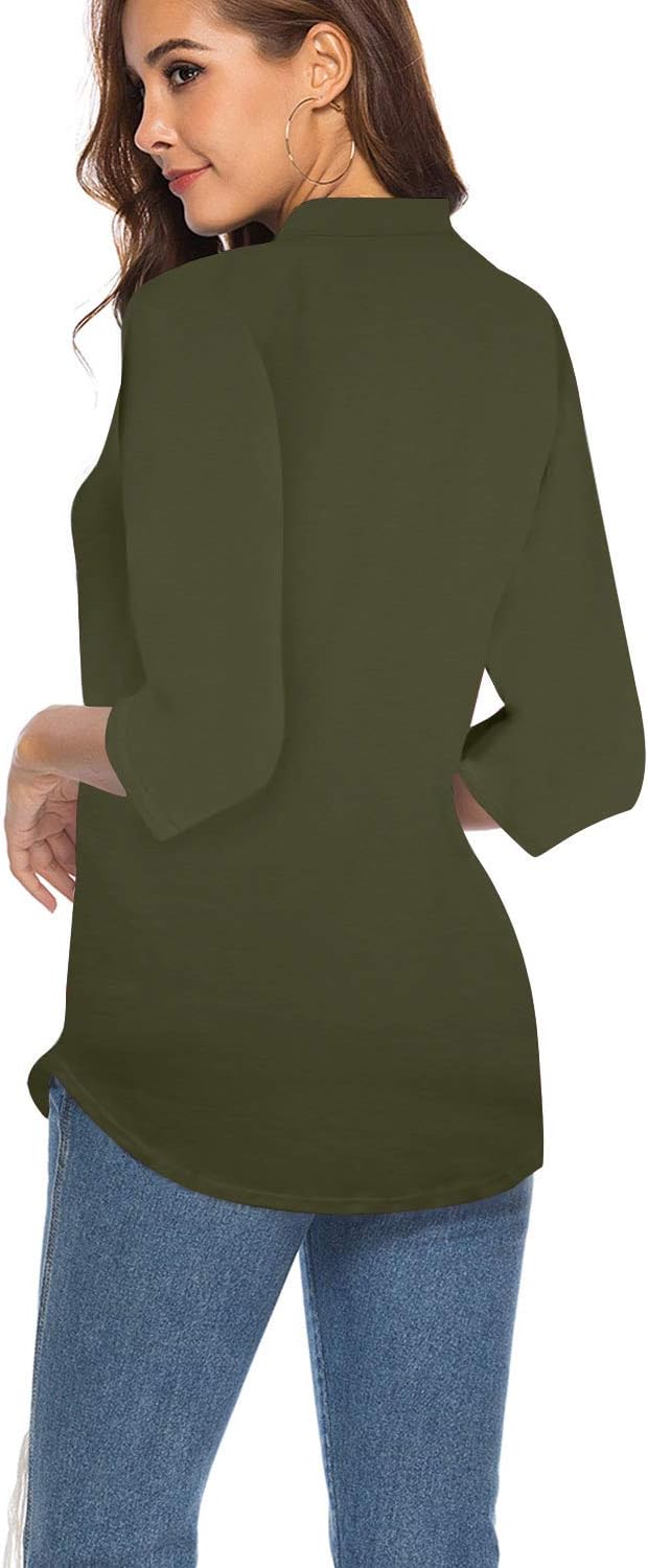CEASIKERY Damen-Top mit 3/4-Ärmel und V-Ausschnitt, lässige Tunika, lockere Bluse, Shirt, Armee-Grün
