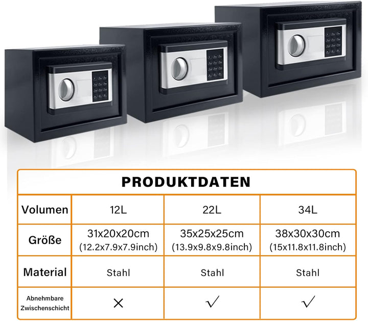 NAIZY Mini Tresor für Zuhause 22L Tresor Feuerfest Wasserdicht Elektro Safe mit Batteriebox & Sicher
