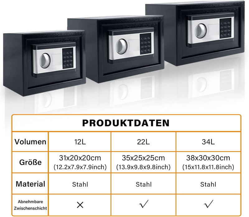 NAIZY Mini Tresor für Zuhause 12L Tresor Feuerfest Wasserdicht Elektro Safe mit Batteriebox & Sicher