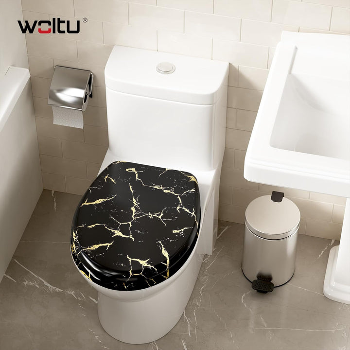 WOLTU Toilettendeckel mit Absenkautomatik, schwarzer WC Sitz mit goldenem Glitzer, Toilettensitz aus