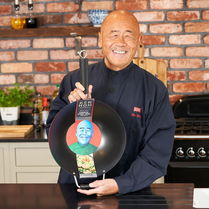 Ken Hom grosser Antihaft Wok 35 cm Induktion Wokpfanne aus Karbonstahl mit Phenolharz-Griff