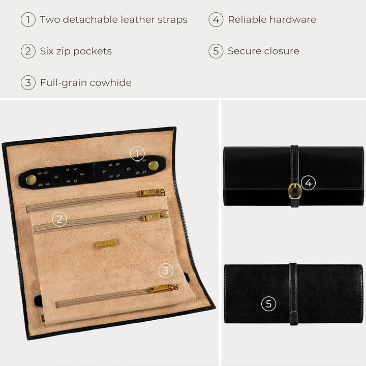 Time Resistance Schwarz Leder Schmuck Organizer – 100% Leder Schmuckrolle für Reisen Hergestellt in