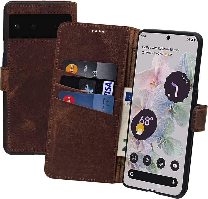 Suncase Book-Style Hülle kompatibel mit Google Pixel 7A 5G Leder Tasche (Slim-Fit) Lederhülle Handyt