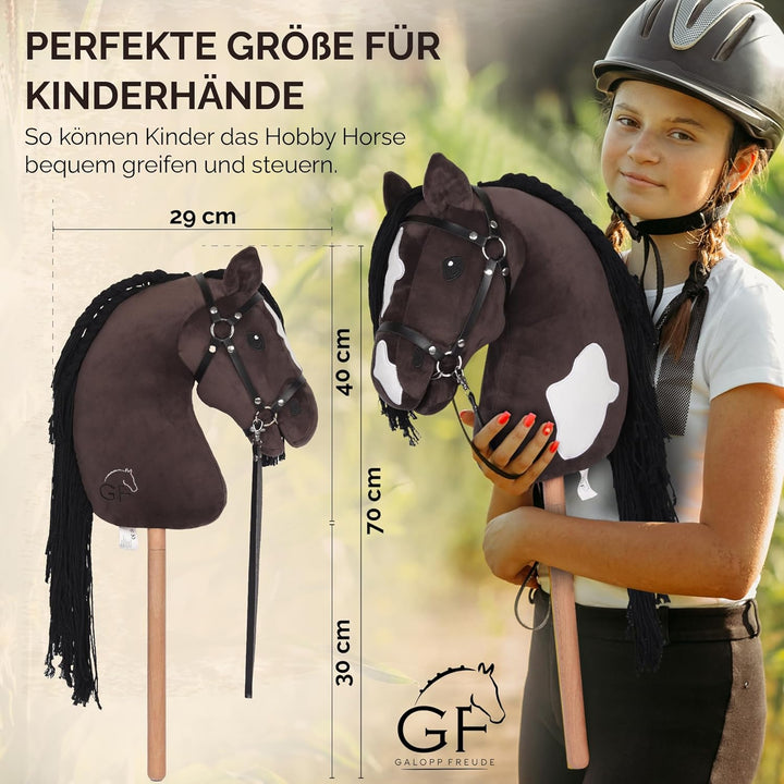 GaloppFreude® Hobby Horse Pferde Braunschecke – Grosses A3 Steckenpferd mit Schraubstab & Trense – H