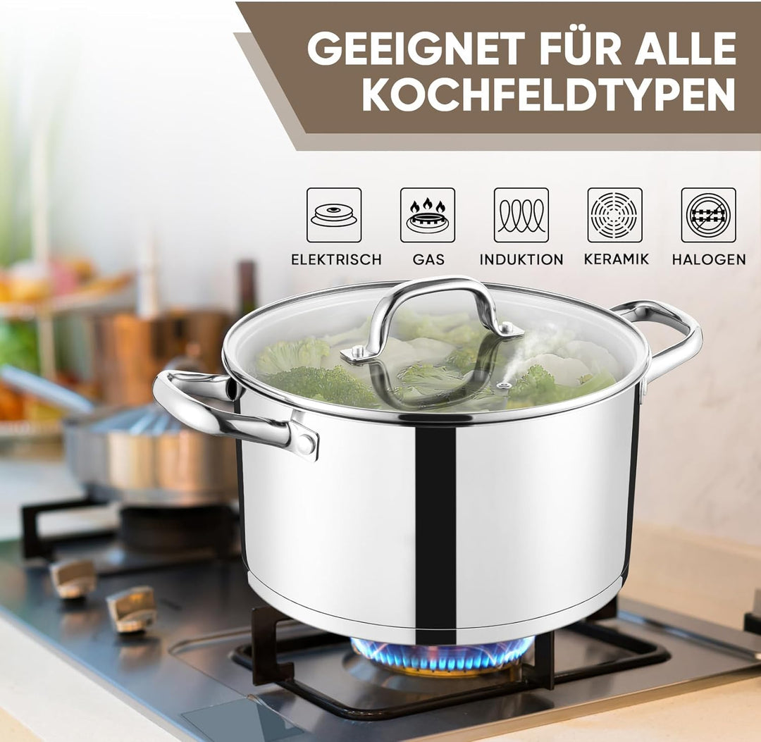 26cm Kochtopf, Onader 3-Lagiger Boden Edelstahl Topf Induktion mit Glasdeckel, 7,5L Gross Nudeltopf