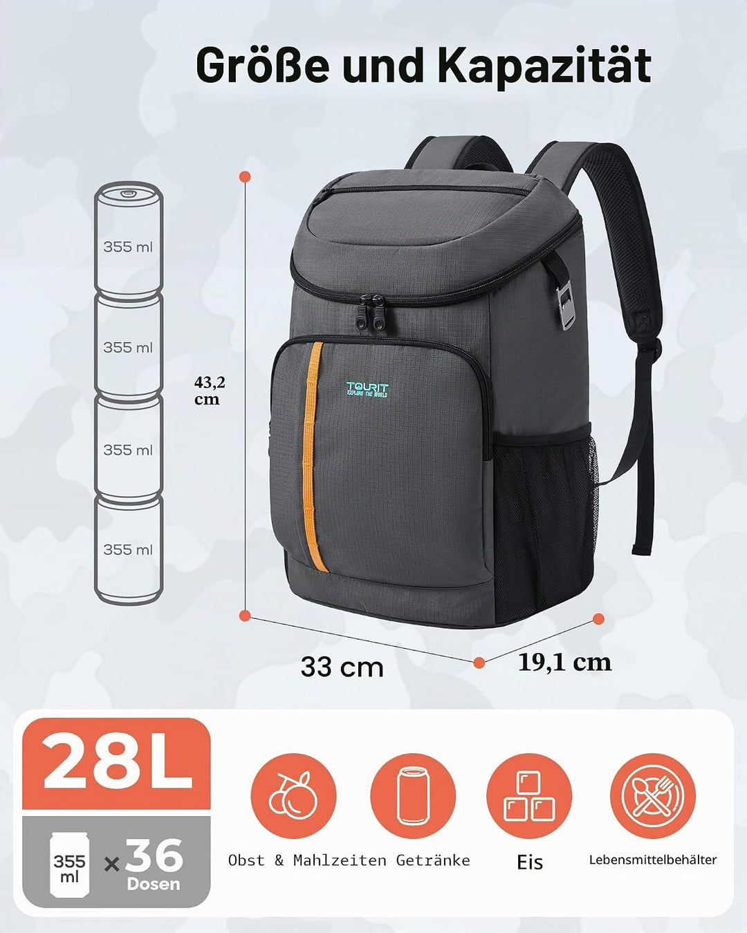 TOURIT Kühlrucksack Leichter Rucksack 28L mit Flaschenöffner Hält 30 Dosen Batik Schwarz, Batik Schw