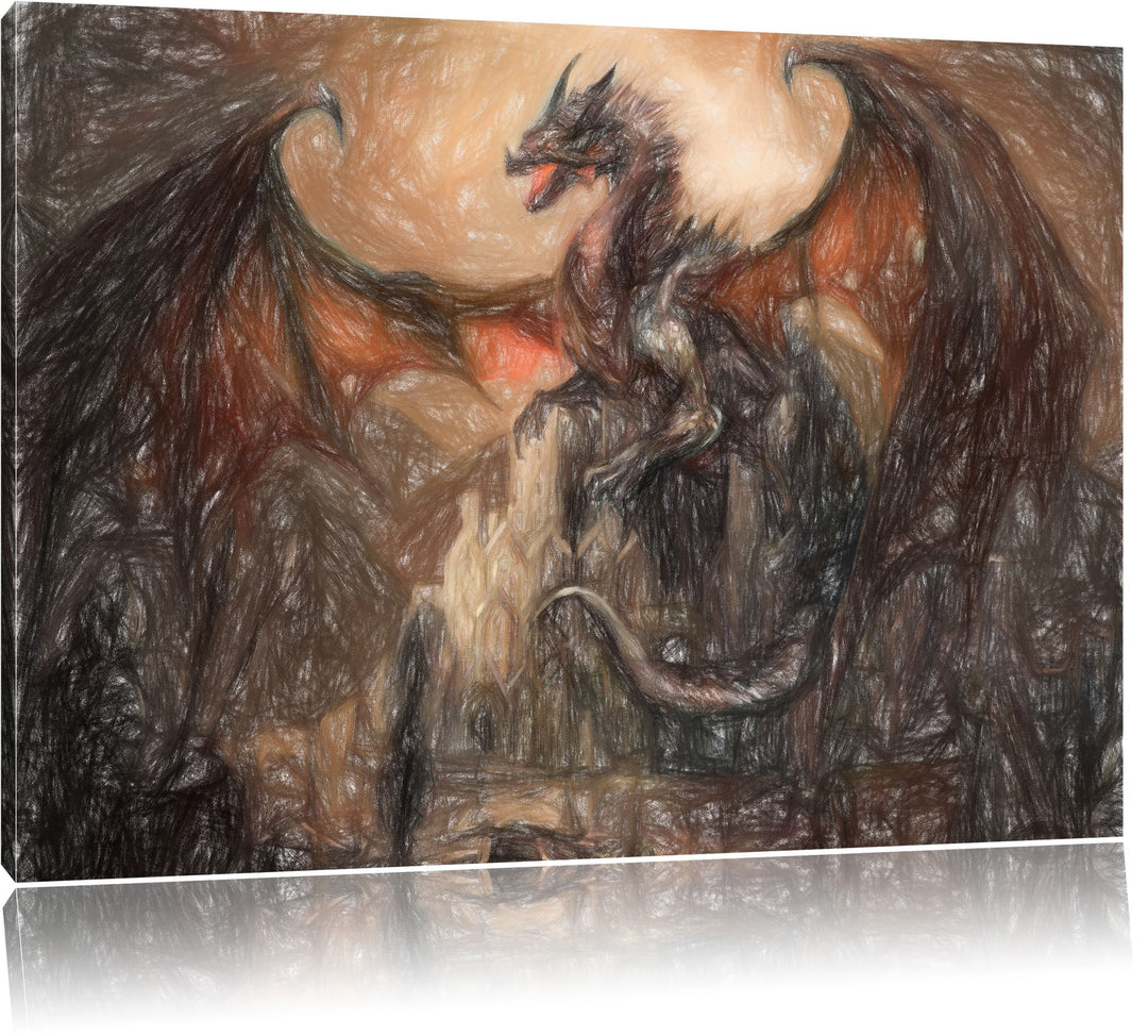 Pixxprint Drache schützend über Burg als Leinwandbild/Grösse: 100x70 cm/Wandbild/Kunstdruck/fertig b