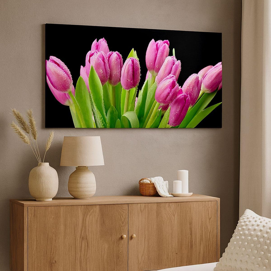 Wandbilder Dekoration Wohnzimmer Tulpen Blumenstrauss Tau Tropfen Panorama Bilder auf Leinwand 120x5