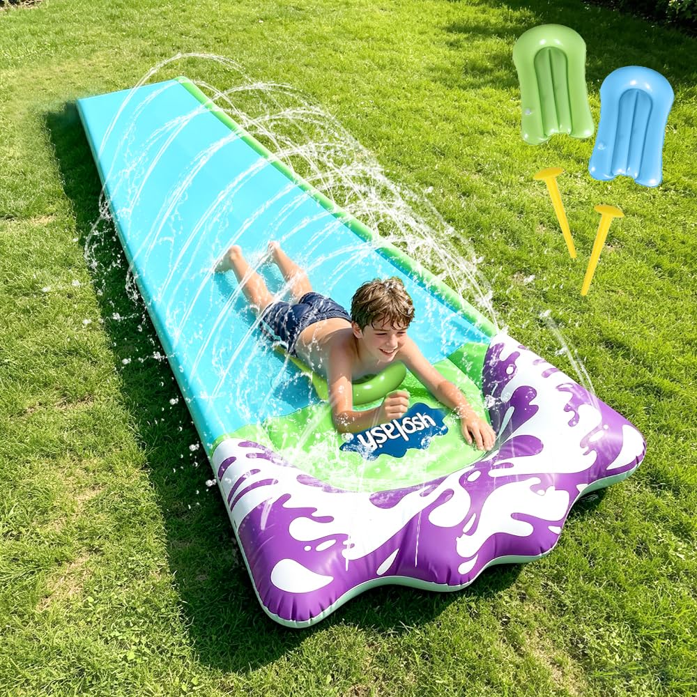 Wasserrutsche, 480 x 70CM/188.98 x 27.56in Wasserrutschbahn mit Sprinkler, Wassermatte mit 2 Bodyboa