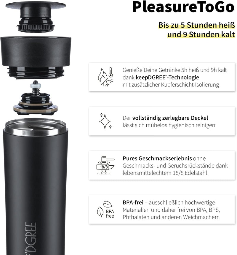 720°DGREE Premium Thermobecher “PleasureToGo” - 450ml, BPA-Frei, Auslaufsicher - Schlanker Edelstahl