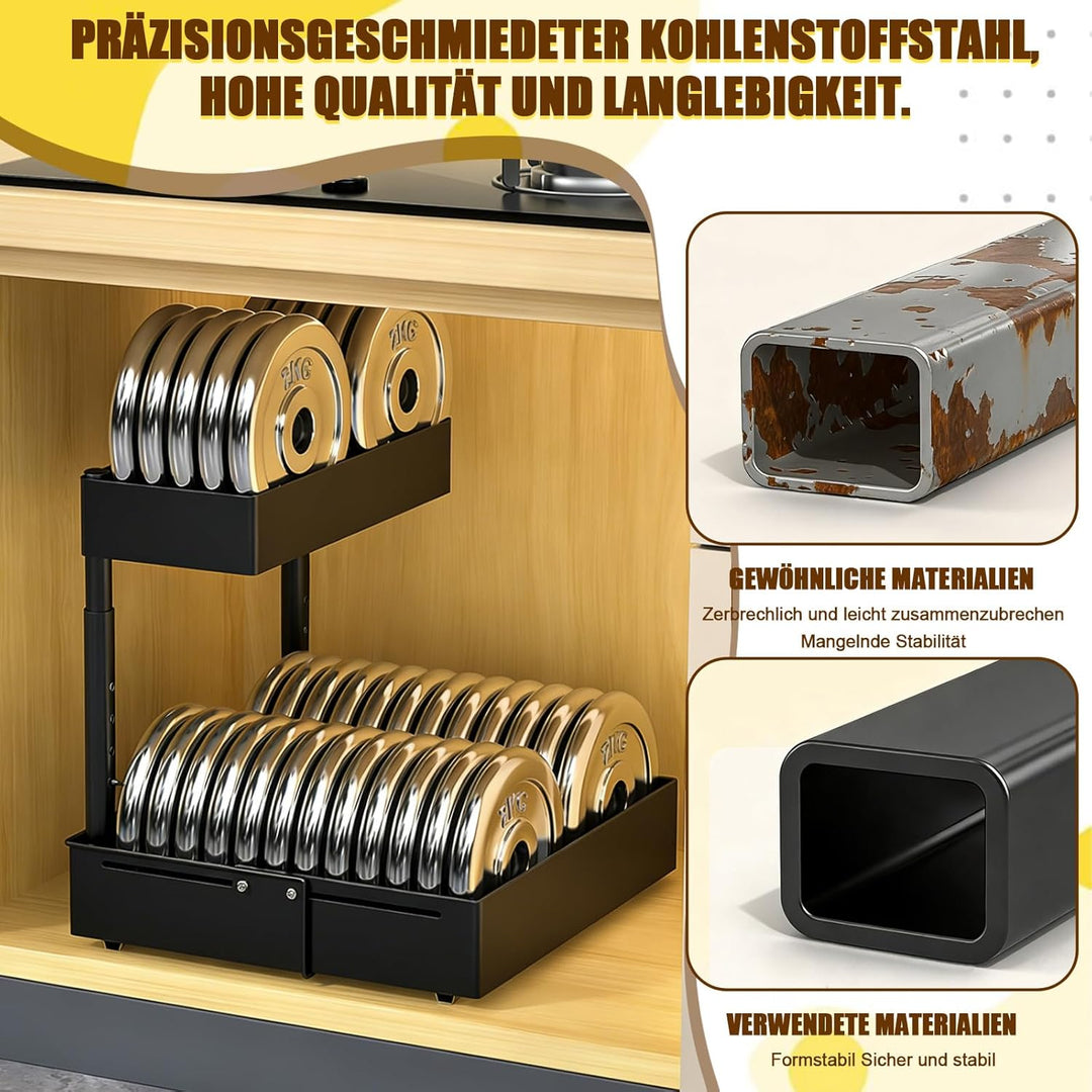 Spülschrank Organizer Ausziehbar – 2 Etagen Unterschrank Organizer Schwarz | Küche Höhenverstellbar
