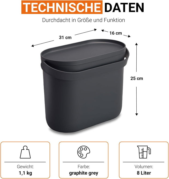 GARANTIA NOVA Biomülleimer 8 Liter Graphite Grey - für klare Küchenordnung auf der Arbeitsplatte - m