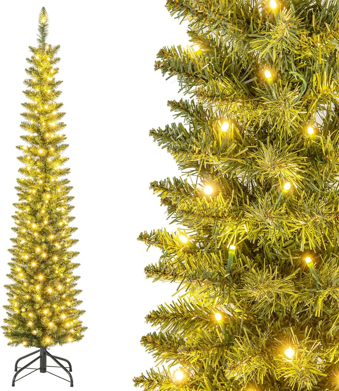 COSTWAY 150/180cm künstlicher Weihnachtsbaum Bleistift, Tannenbaum mit Beleuchtung, LEDs in Warmweis