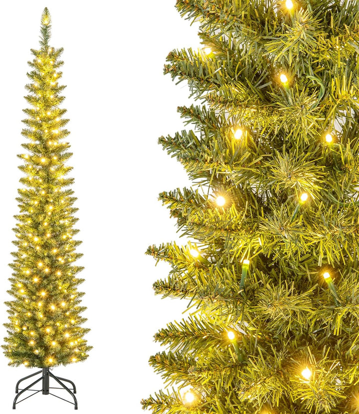 COSTWAY 150/180cm künstlicher Weihnachtsbaum Bleistift, Tannenbaum mit Beleuchtung, LEDs in Warmweis
