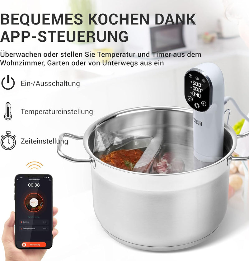 LEBENLANG 1200W Sous Vide Stick - Mit App-Steuerung I Edelstahl Su Vide Garen mit Timer für Fleisch