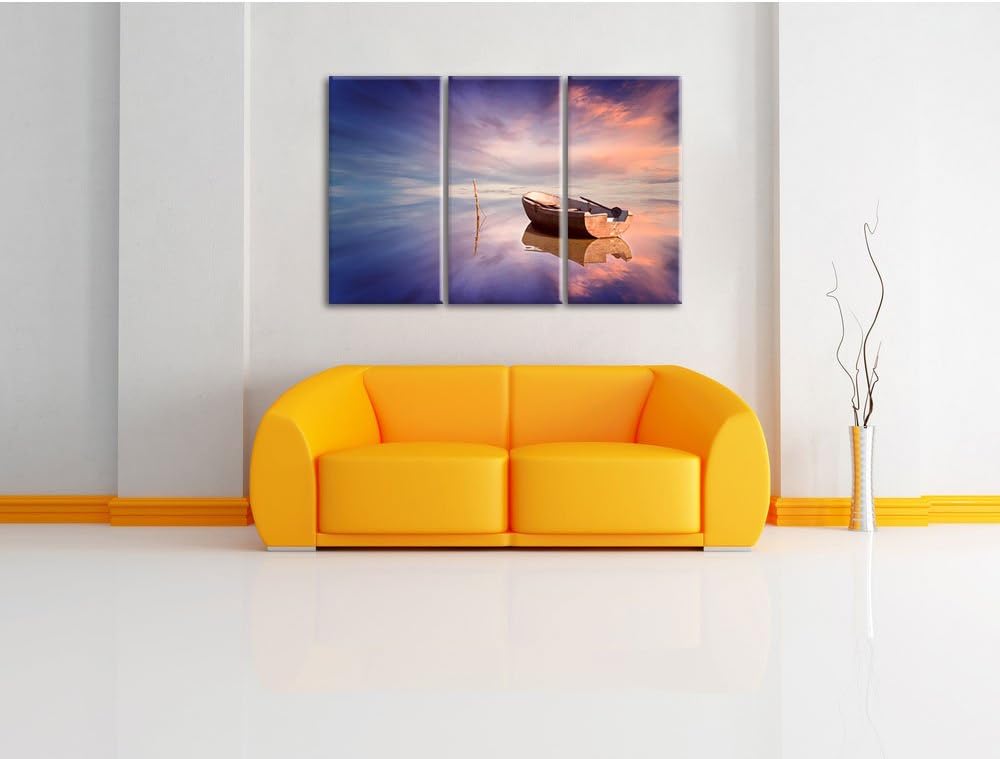 Pixxprint Einsames Boot auf See als Leinwandbild | Grösse: 3 Teilig (120x80) | Wandbild| Kunstdruck
