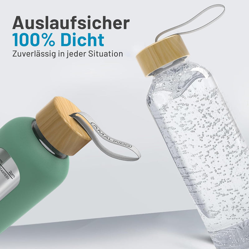 Amalindo Trinkflasche 1l Glas Bruchsicher, Wasserflasche 1l, Glasflasche 1 Liter, Trinkflasche Glas
