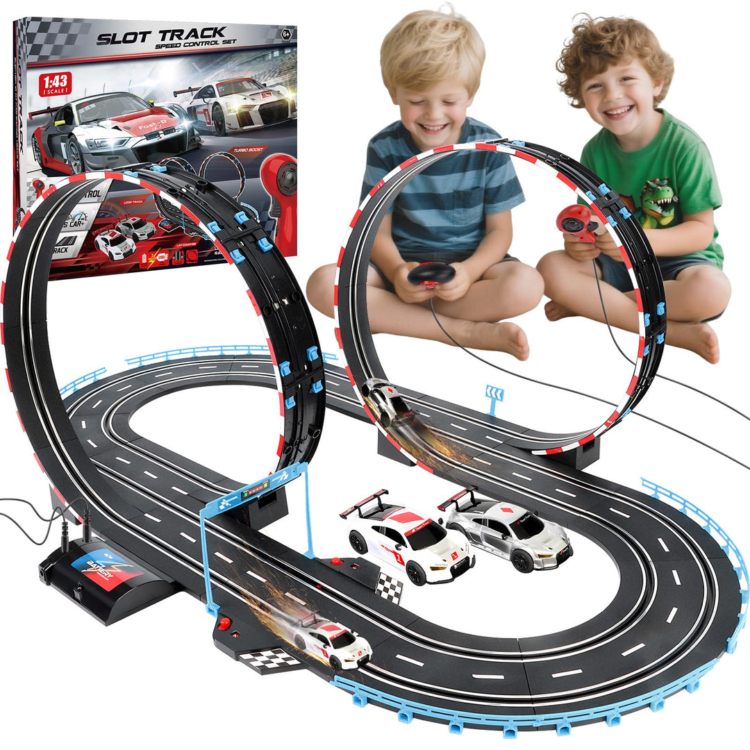 JONRRYIN Autorennbahn Elektrisches Slot Car für Kinder, 1:43 Autobahn Rennstrecke Auto Spielzeug 2 S