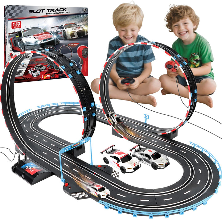 JONRRYIN Autorennbahn Elektrisches Slot Car für Kinder, 1:43 Autobahn Rennstrecke Auto Spielzeug 2 S
